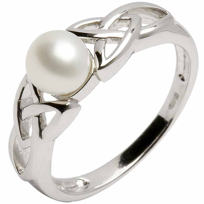 trinity knot ring - sterling silver celtic trinity knot pearl ring