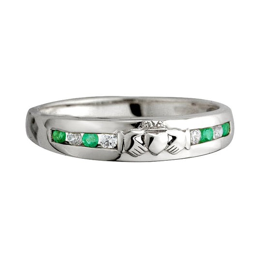 Claddagh Ring - Ladies 14k White Gold with 8 Diamonds and Emerald Claddagh