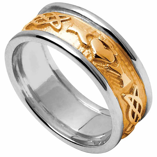 Claddagh Ring - Ladies Yellow Gold with White Gold Trim Claddagh Celtic Knot Wedding Ring