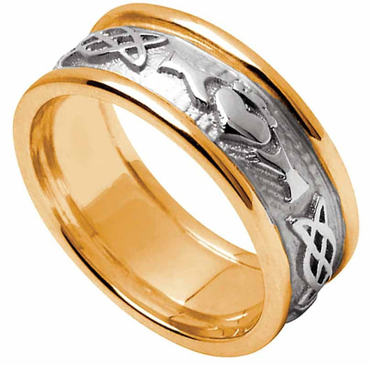 Claddagh Ring - Men's White Gold with Yellow Gold Trim Claddagh Celtic Knot Wedding Ring