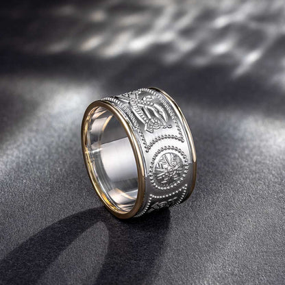 Celtic Ring - Men's White Gold with Yellow Gold Trim Warrior Shield Wedding Band
