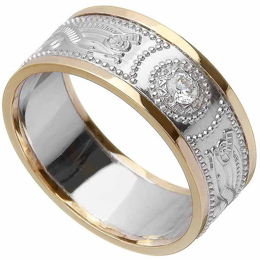 Celtic Ring - Men's White Gold with Yellow Gold Trim and Diamond Warrior Shield Wedding Ring