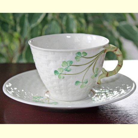 BELLEEK SHAMROCK HARP CUP & SAUCER - Irish Crossroads