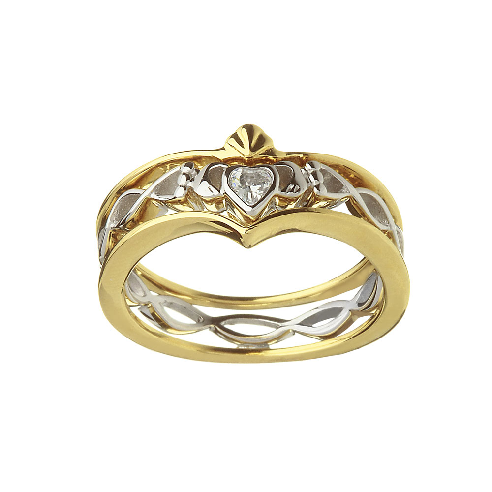 Irish Ring - Three Piece Silver and 10k Gold CZ Claddagh Ring at ...