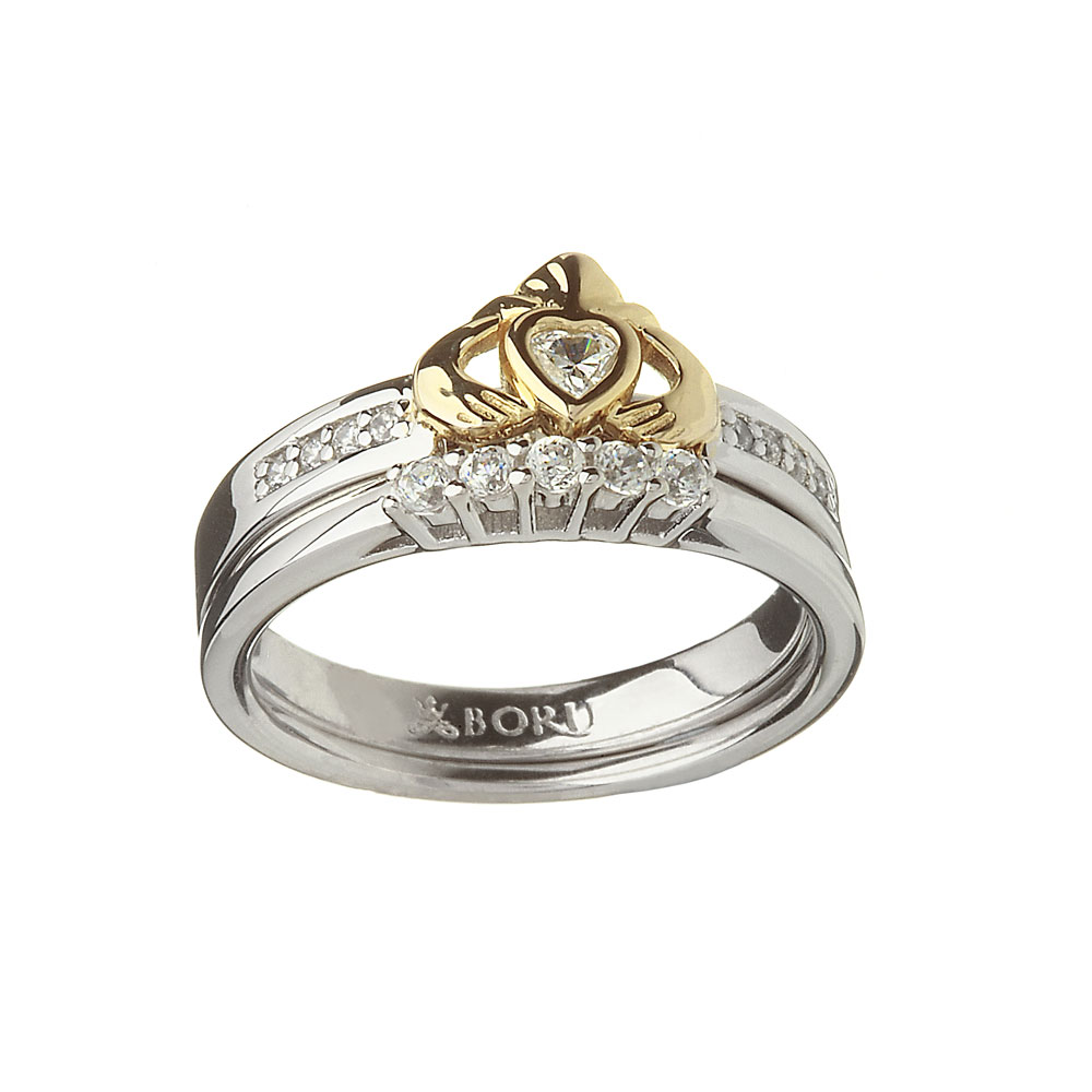 Product image for Irish Ring - 10k Claddagh and Silver CZ Ring with Silver Matching Ring