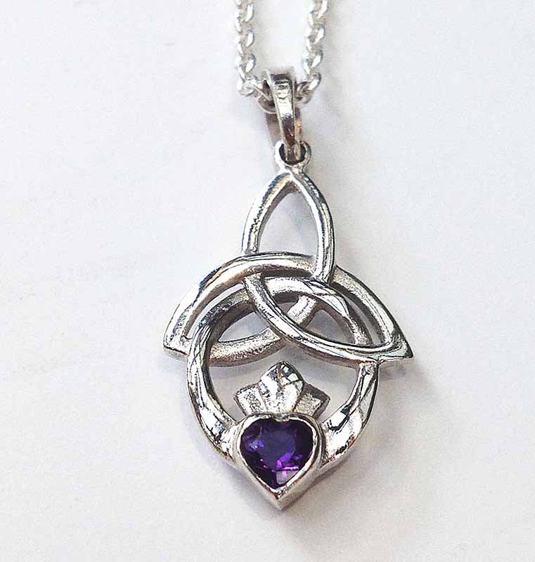 Celtic Necklace Trinity Knot Claddagh Pendant Amethyst at