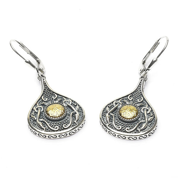 Celtic Earrings Antiqued Sterling Silver with 18k Gold Bead Teardrop