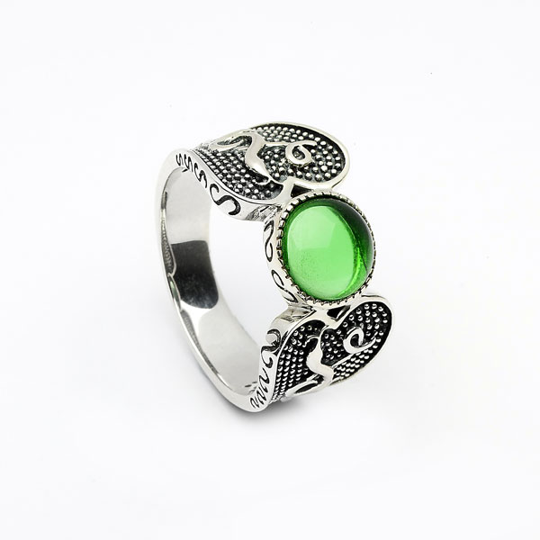 Product image for Celtic Ring - Antiqued Sterling Silver with Green Glass Stone Warrior Irish Ring