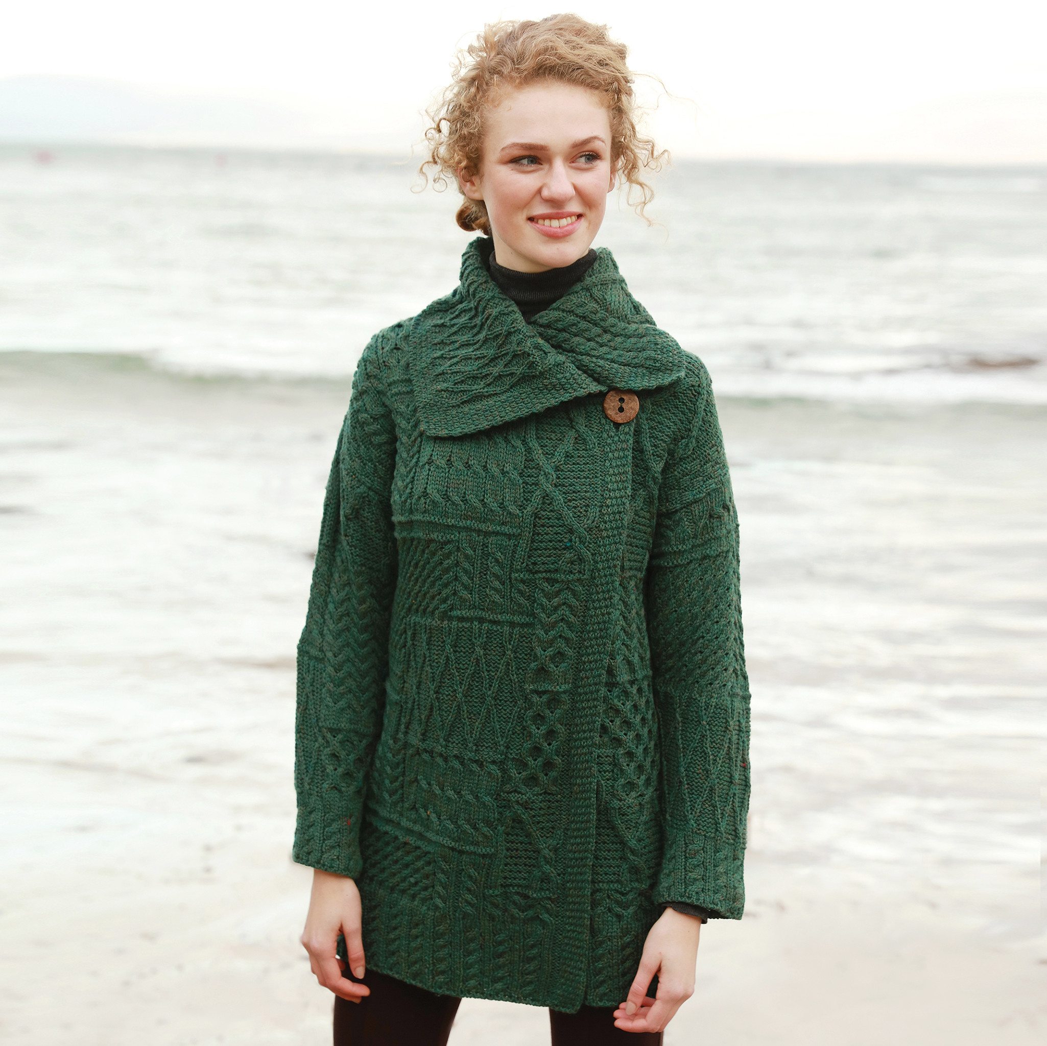 Product image for Irish Wool Sweater - Ladies Patchwork Coat - Green