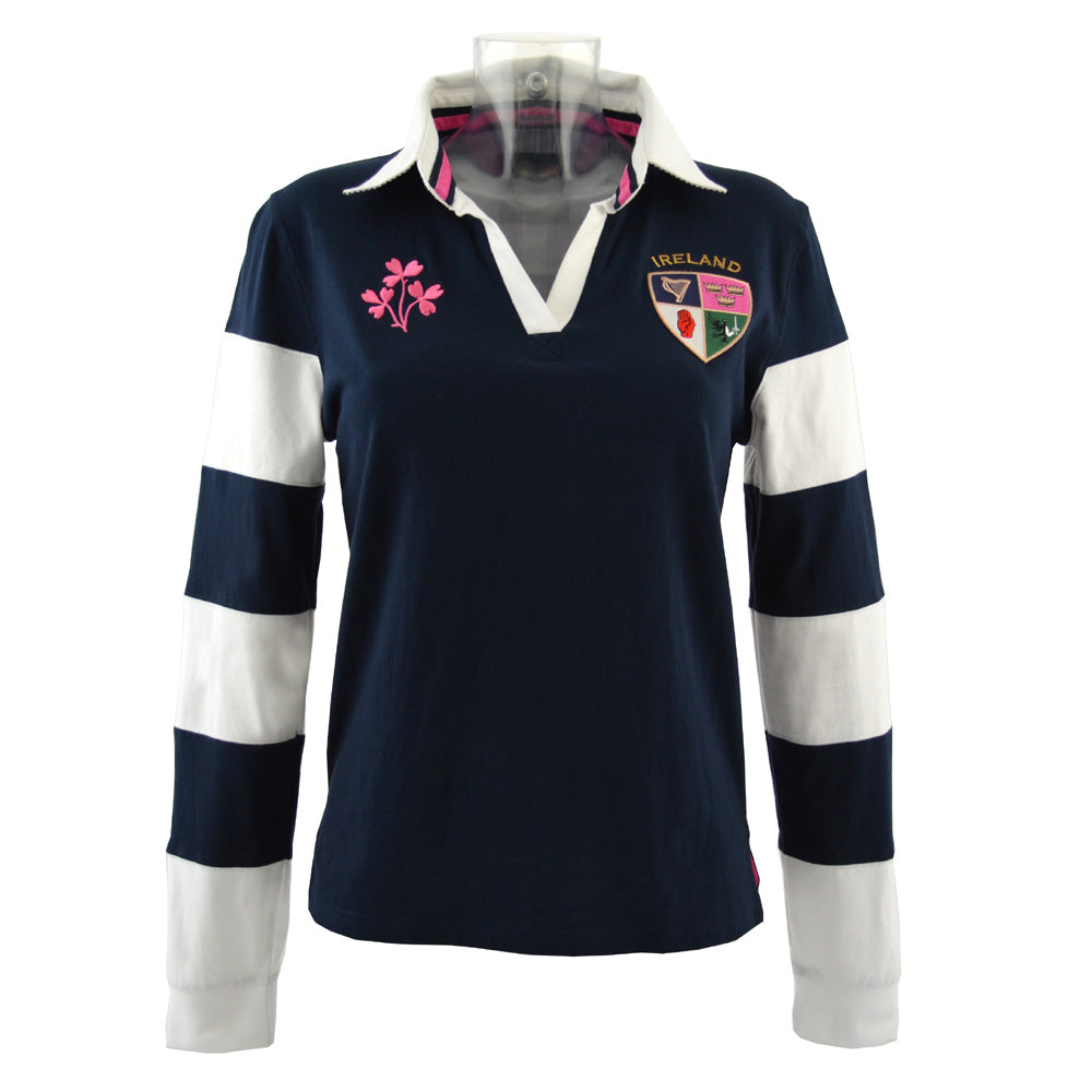 Irish Rugby Shirt Ladies Navy and White Striped 3 Shamrock Rugby