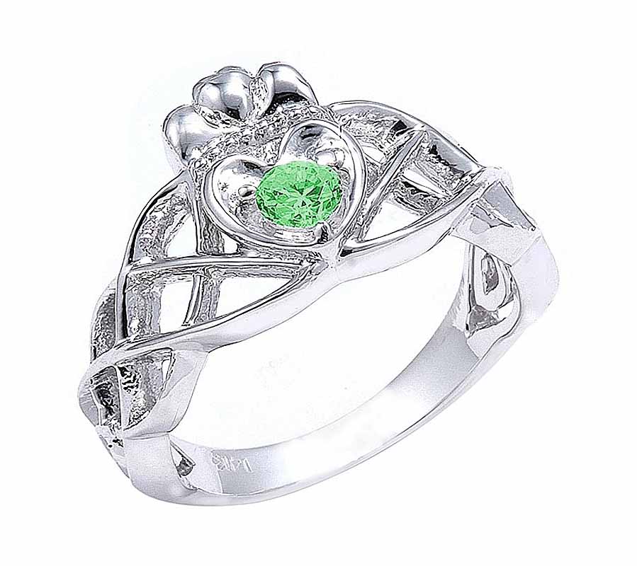 Product image for Claddagh Ring - White Gold Claddagh Knot Engagement Ring with Green CZ