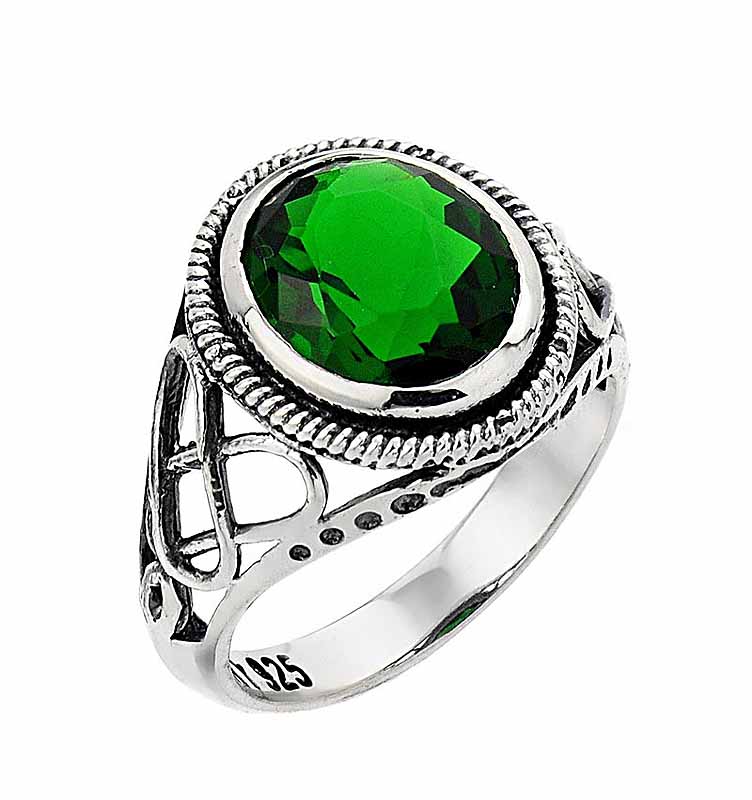 Celtic Knotwork Triquetra Ring with Green Crystal  White Bronze 