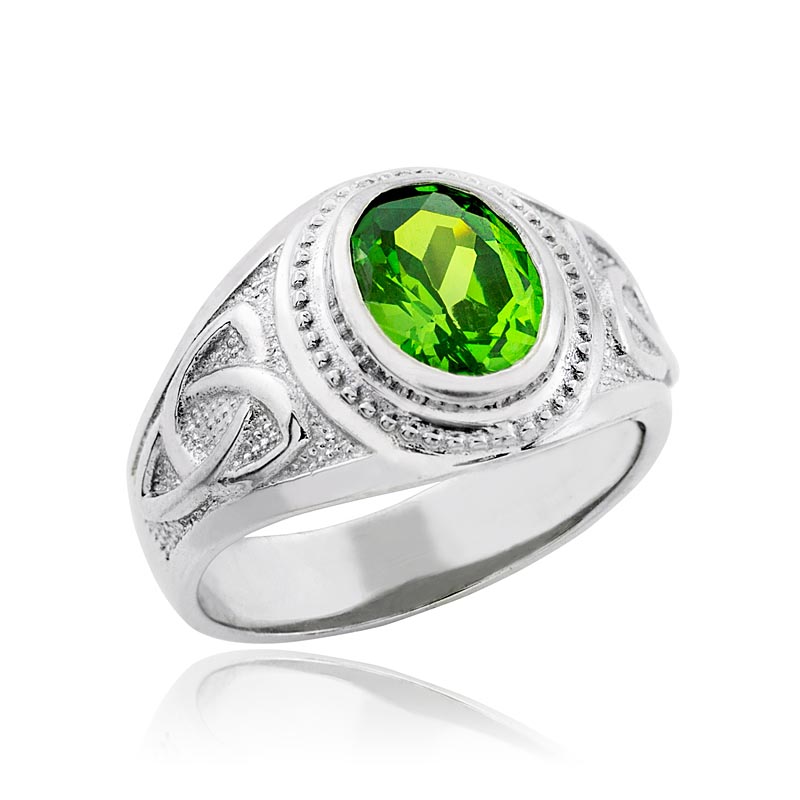 Celtic Ring - Men's White Gold Celtic Green Oval CZ Ring at IrishShop ...