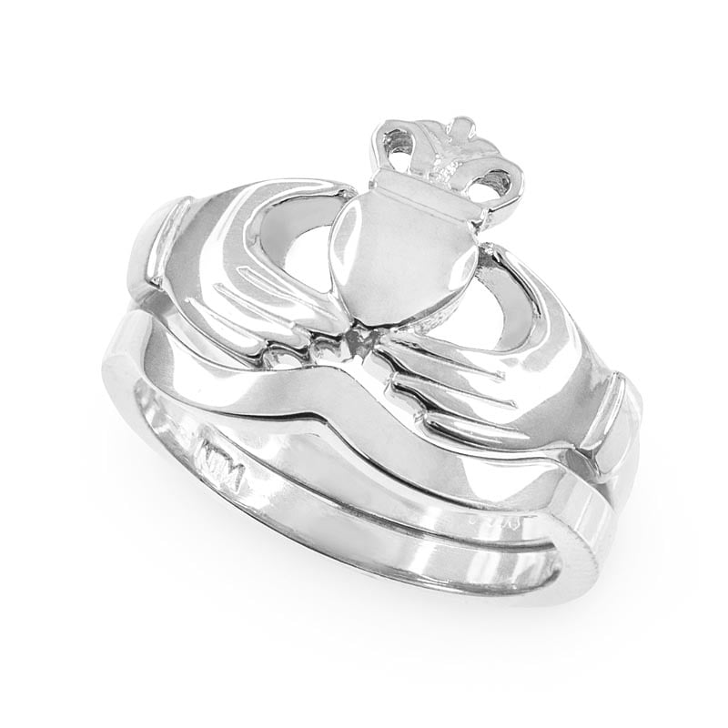 Product image for Claddagh Ring - Two-Piece White Gold Claddagh Engagement Ring with Band