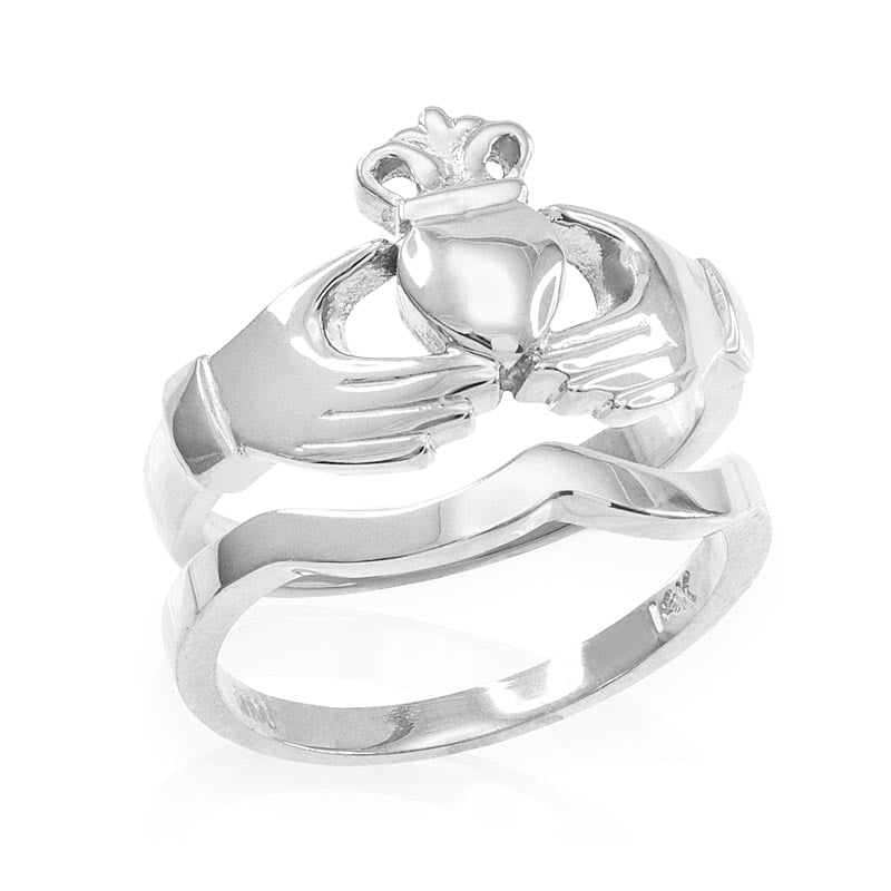 Product image for Claddagh Ring - Two-Piece White Gold Claddagh Engagement Ring with Band