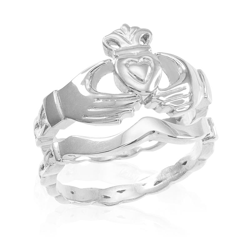 Product image for Claddagh Ring - Two-Piece Sterling Silver Claddagh Engagement Ring with Celtic Band