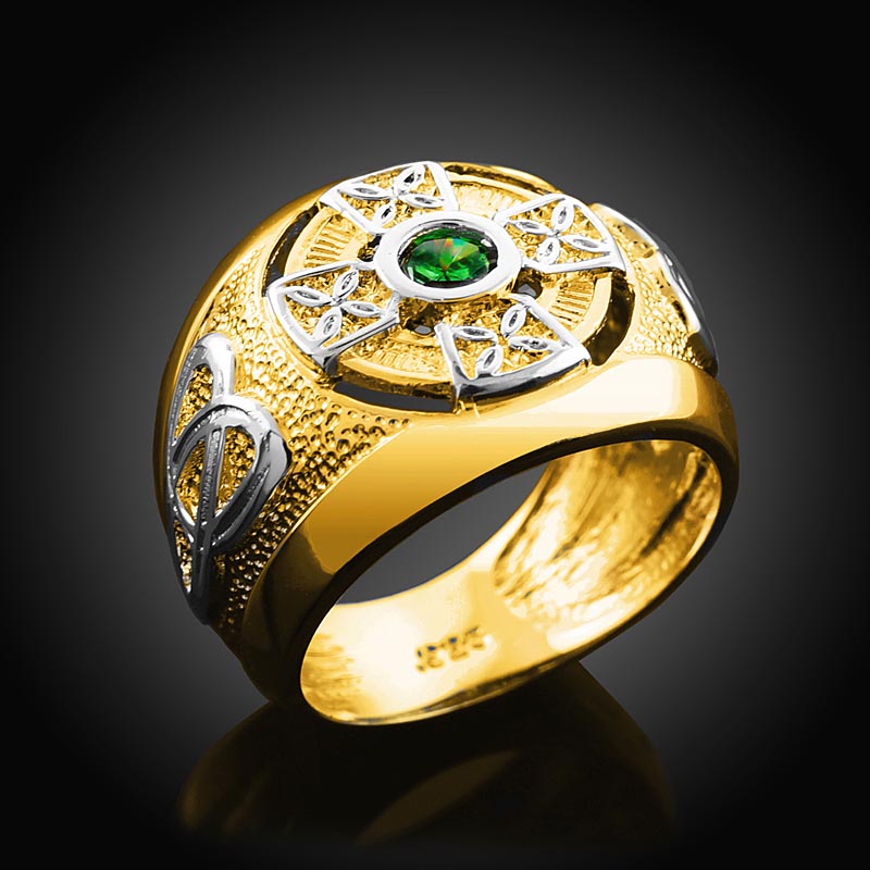 Product image for Celtic Ring - Two Tone Gold Celtic Green Emerald CZ Ring