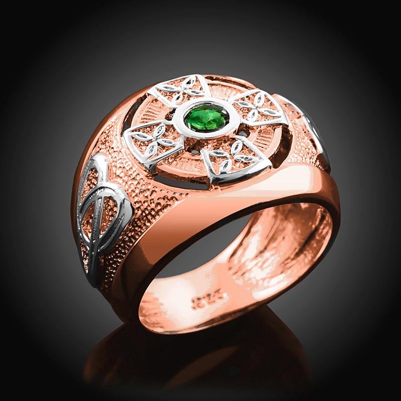 Product image for Celtic Ring - Men's Two Tone Rose Gold Celtic Green Emerald CZ Ring