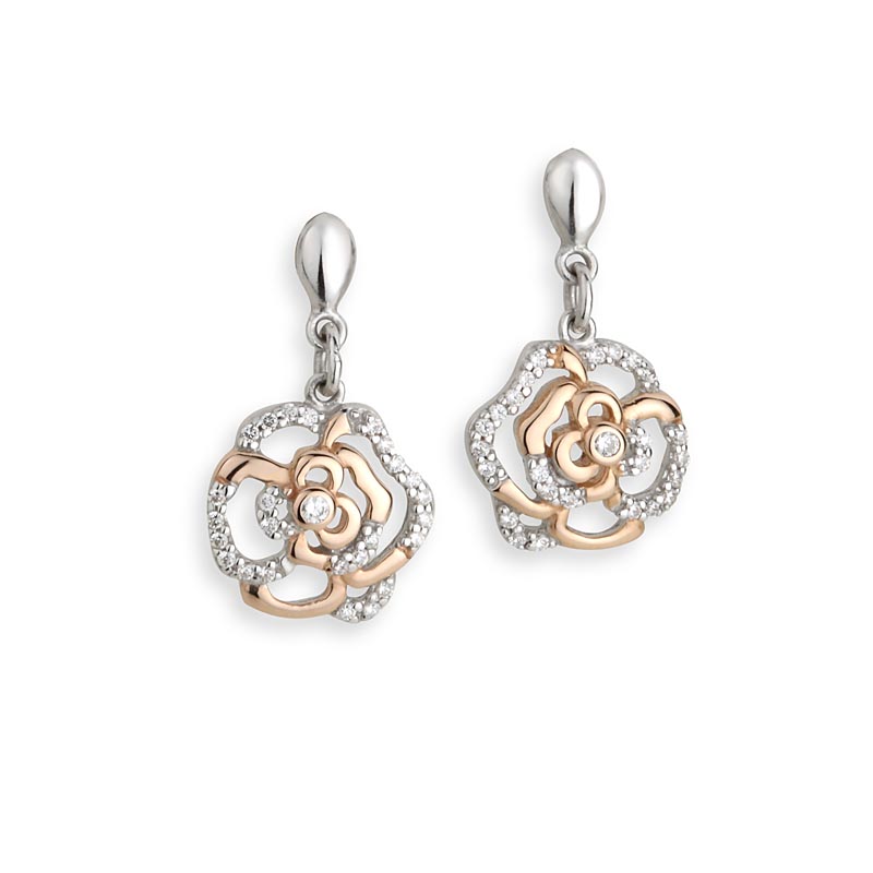 Product image for Jean Butler Jewelry Irish Earrings - Sterling Silver Irish Rose Two Tone Drop Irish Earrings