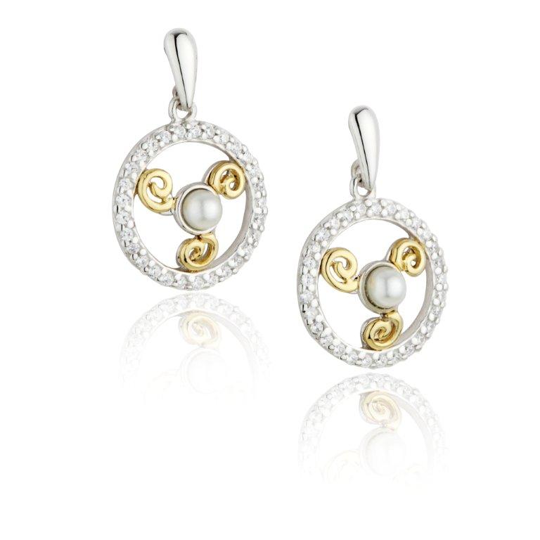 Product image for Jean Butler Jewelry - Sterling Silver CZ & Pearl 18k Yellow Gold Plate Triskele Drop Irish Earrings