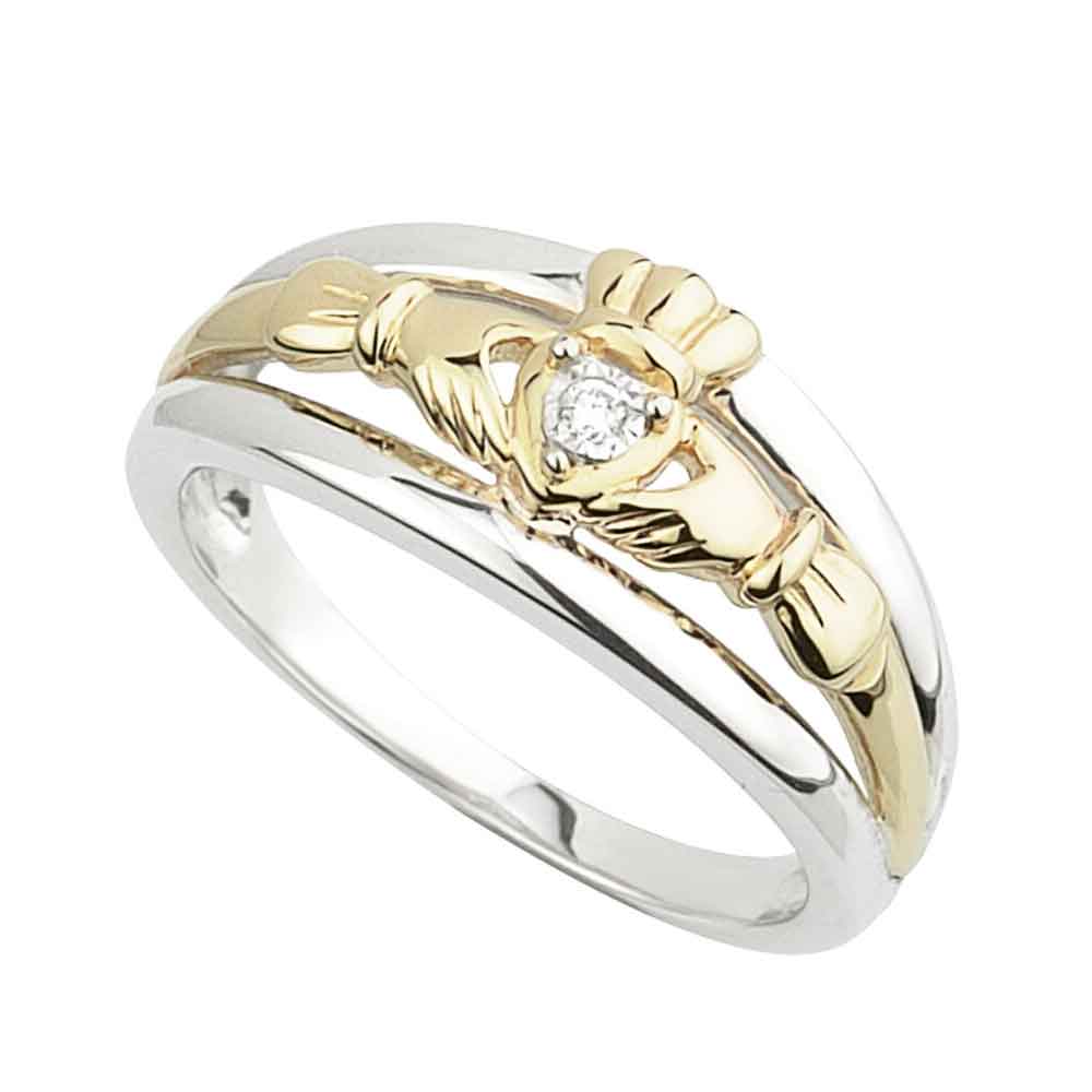 Product image for Claddagh Ring - Yellow Gold and Sterling Silver Claddagh with Diamonds