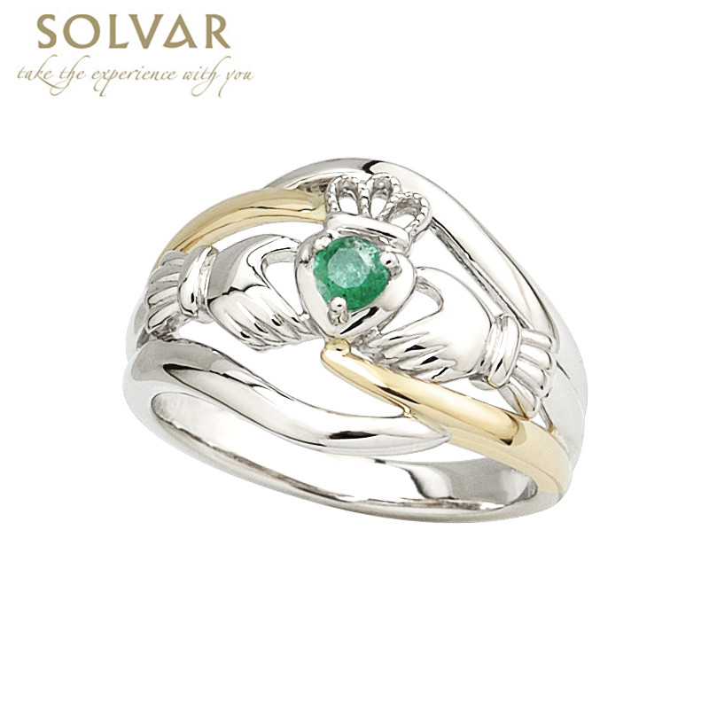 Product image for Irish Ring - Ladies 14k Gold Two Tone Emerald Claddagh Ring