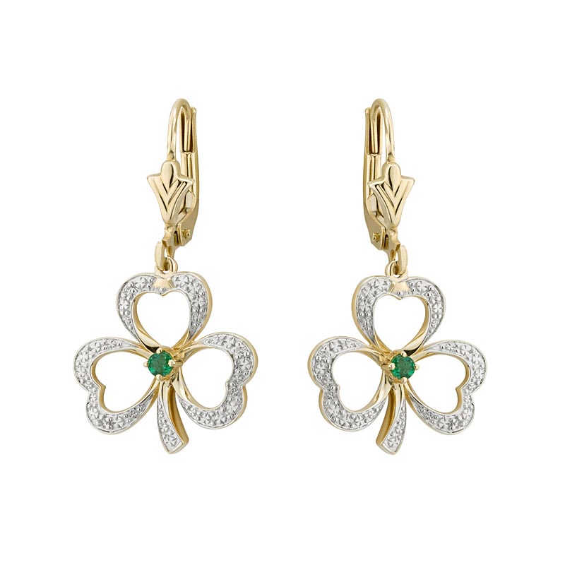 Product image for Shamrock Earrings - 14k Gold with Diamonds and Emerald Shamrock Drop Earrings