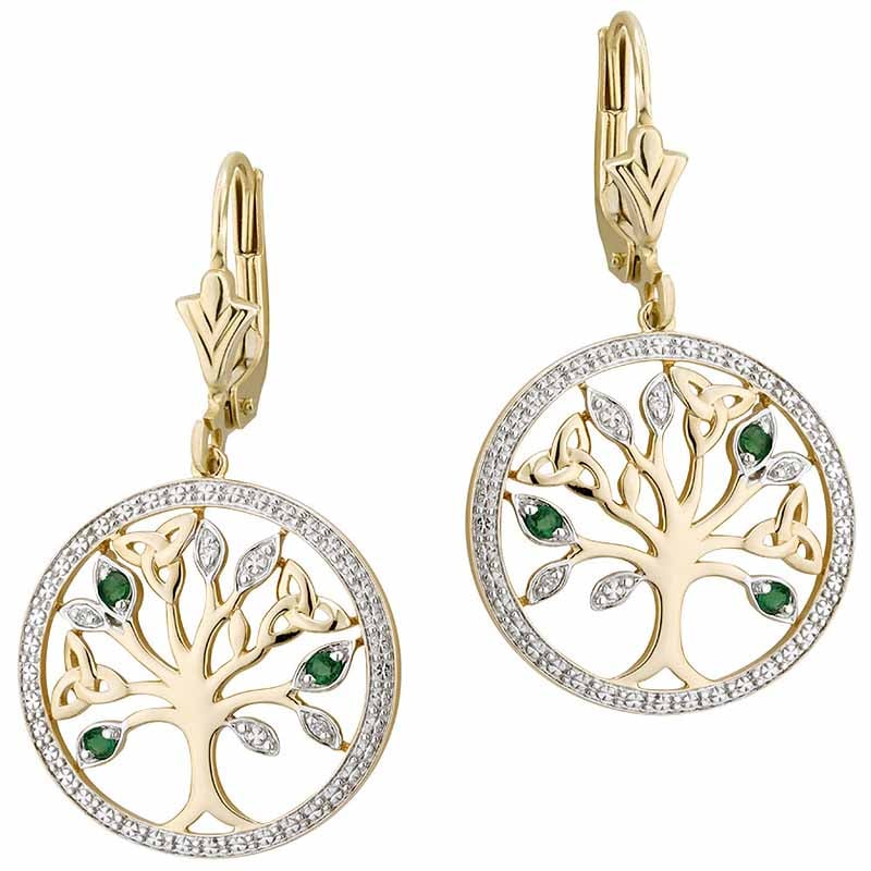 Product image for Irish Earrings - 14k Gold with Diamonds and Emerald Tree of Life Earrings