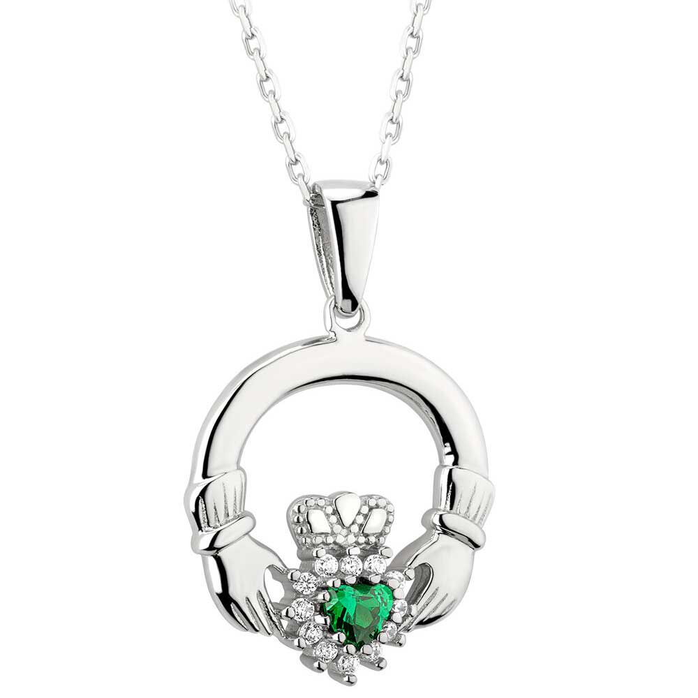Product image for Irish Necklace - Sterling Silver with Green Agate and CZ Claddagh Pendant with Chain