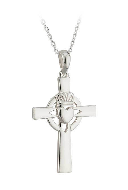 Product image for Irish Necklace - Sterling Silver Claddagh Cross Pendant with Chain