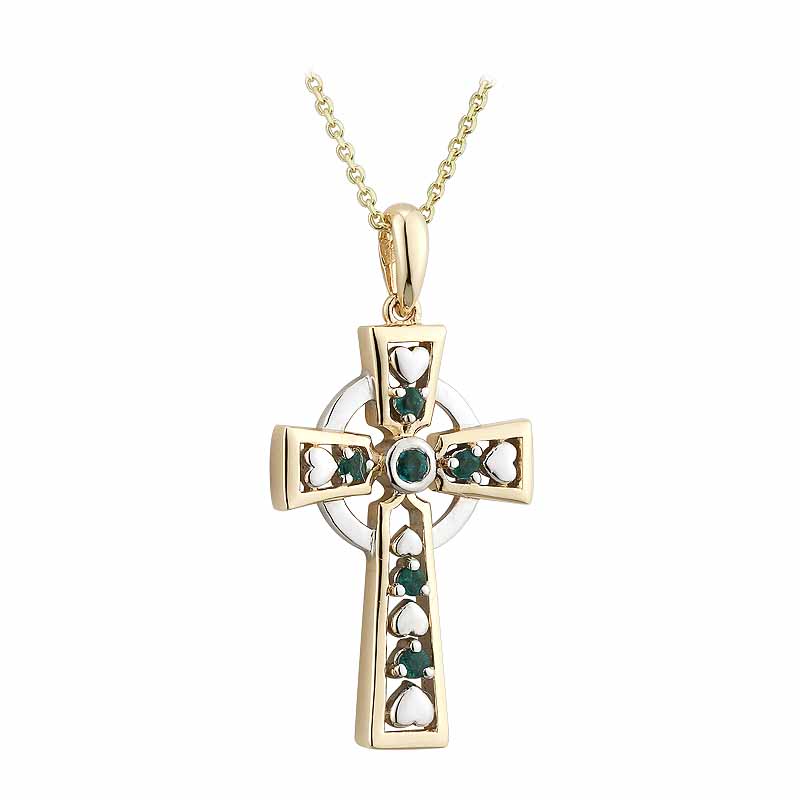 Product image for Celtic Cross Necklace - 14k Gold with Emeralds Celtic Cross Pendant