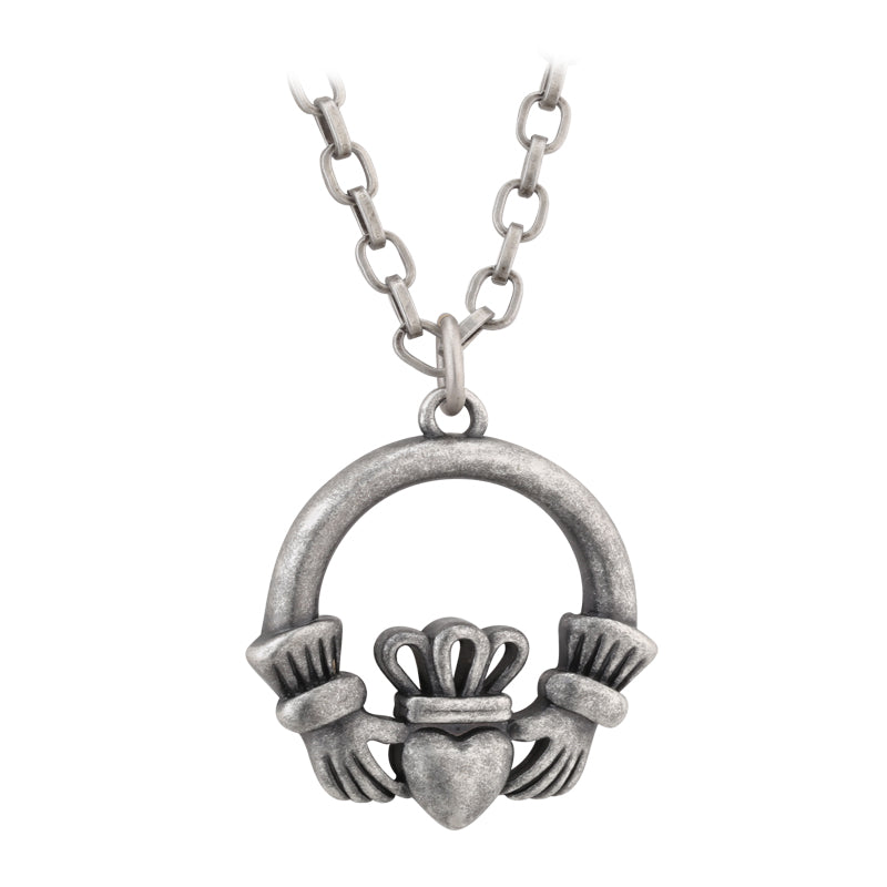 Irish Mens Pendant Claddagh Pewter Style Heavy Pendant on 26 inch