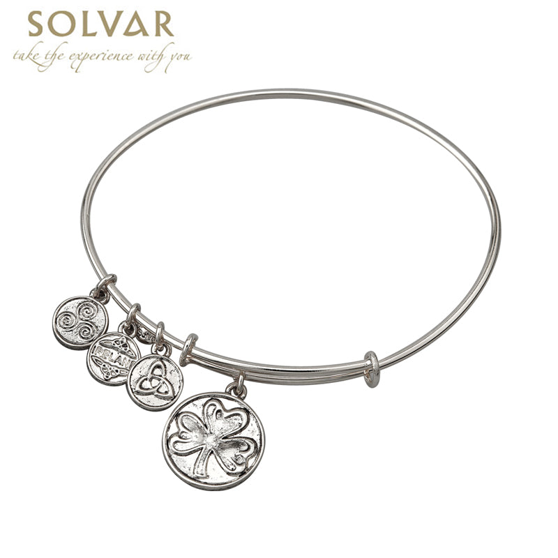 Irish Bracelet Silver Tone Shamrock Charm Irish Symbols Expandable