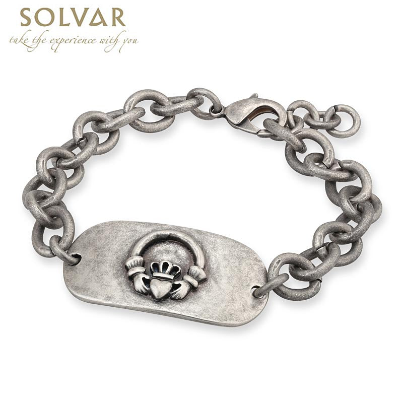 Irish Mens Bracelet Claddagh Pewter Style Dog Tag Bracelet at