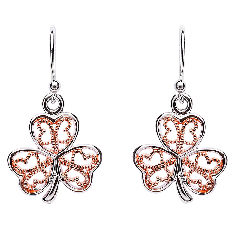 Product image for Shamrock Earrings - Sterling Silver Filigree Rose Gold Plated Shamrock Earrings