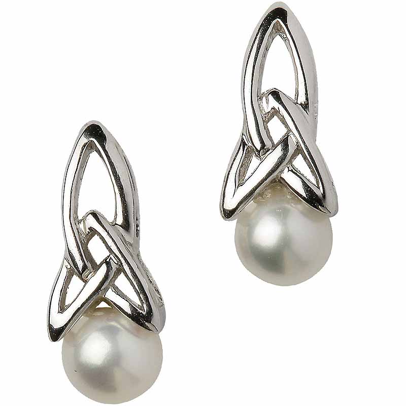 Product image for Trinity Knot Earrings - Sterling Silver Celtic Trinity Knot Pearl Earrings