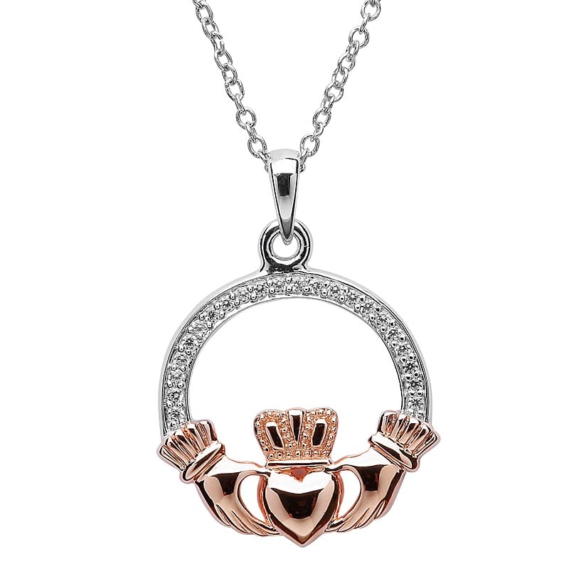 Product image for Claddagh Pendant - Sterling Silver Claddagh Stone Set Rose Gold Plated Pendant