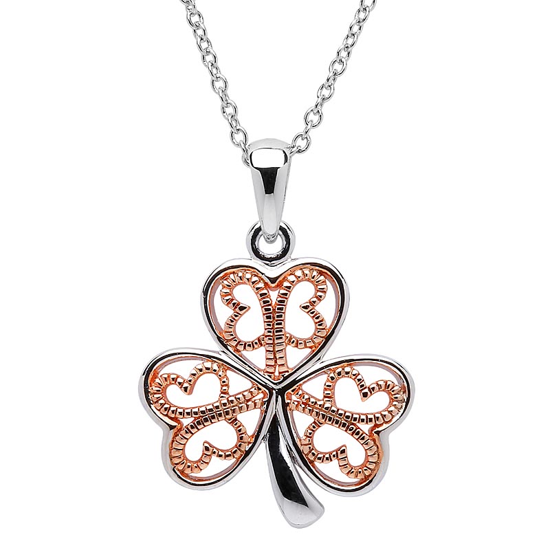 Product image for Shamrock Pendant - Sterling Silver Filigree Rose Gold Plated Shamrock Pendant