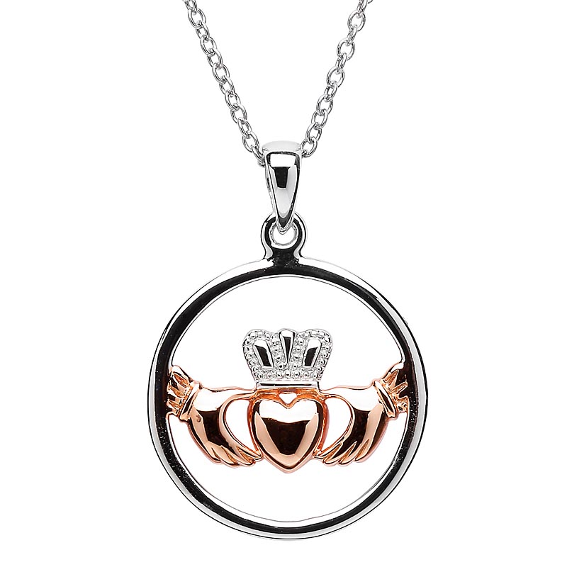 Product image for Claddagh Pendant - Sterling Silver Claddagh Rose Gold Plated Heart Pendant