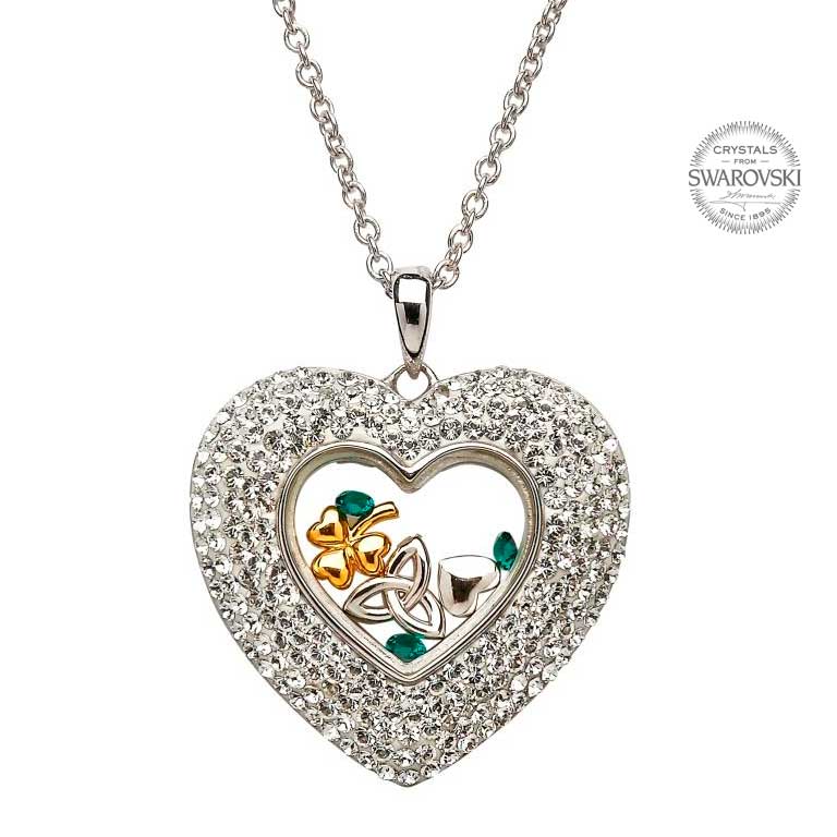 Product image for Irish Necklace - Sterling Silver Trinity Shamrock Heart Pendant Encrusted with Swarovski Crystals