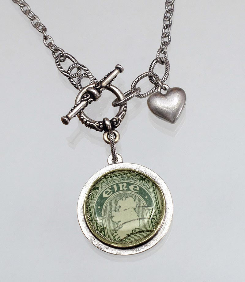 Irish Necklace Irish Postage Stamp Round Silver Pendant with Heart