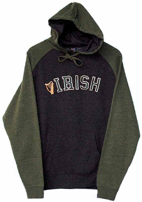 Product image for Irish Sweatshirt - Charcoal and Green Irish with Harp Embroidered Hooded Sweatshirt