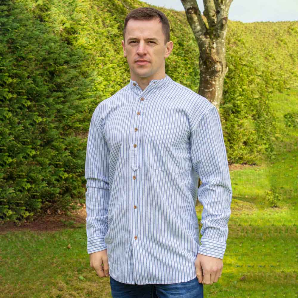 Product image for Irish Shirt | Cormac Mens Blue Stripe Grandfather Shirt