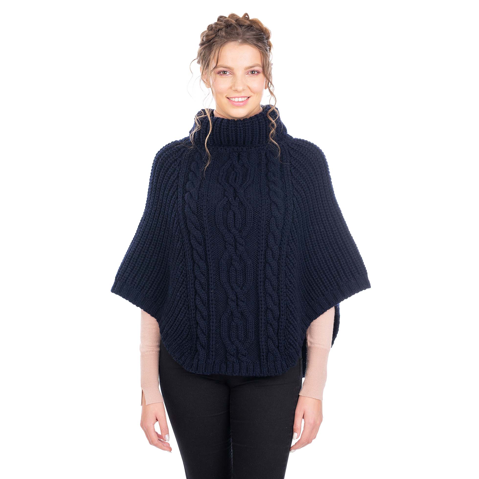 Saol Ladies Cable Stitch Merino Wool Poncho