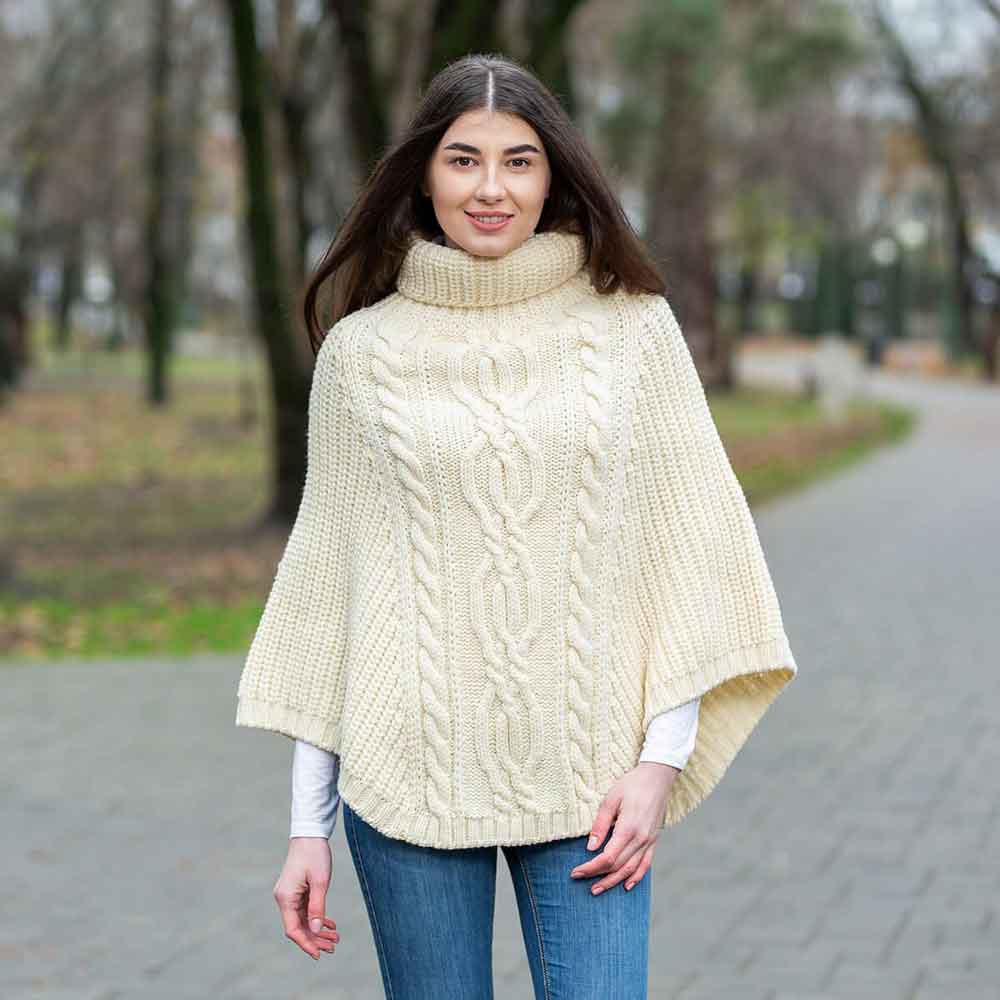 Product image for Irish Shawl | Merino Wool Aran Cable Stitch Ladies Poncho