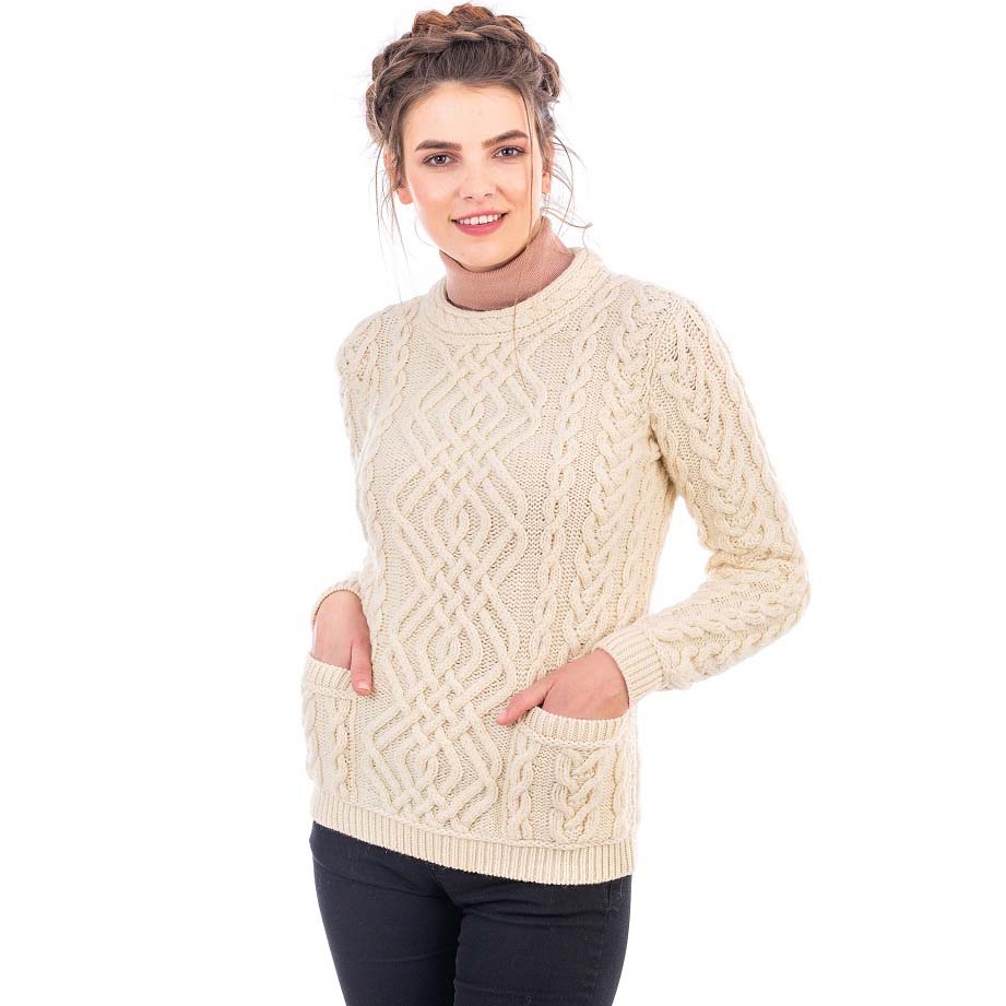 Product image for Irish Sweater | Aran Cable Knit Merino Wool Crew Ladies Sweater