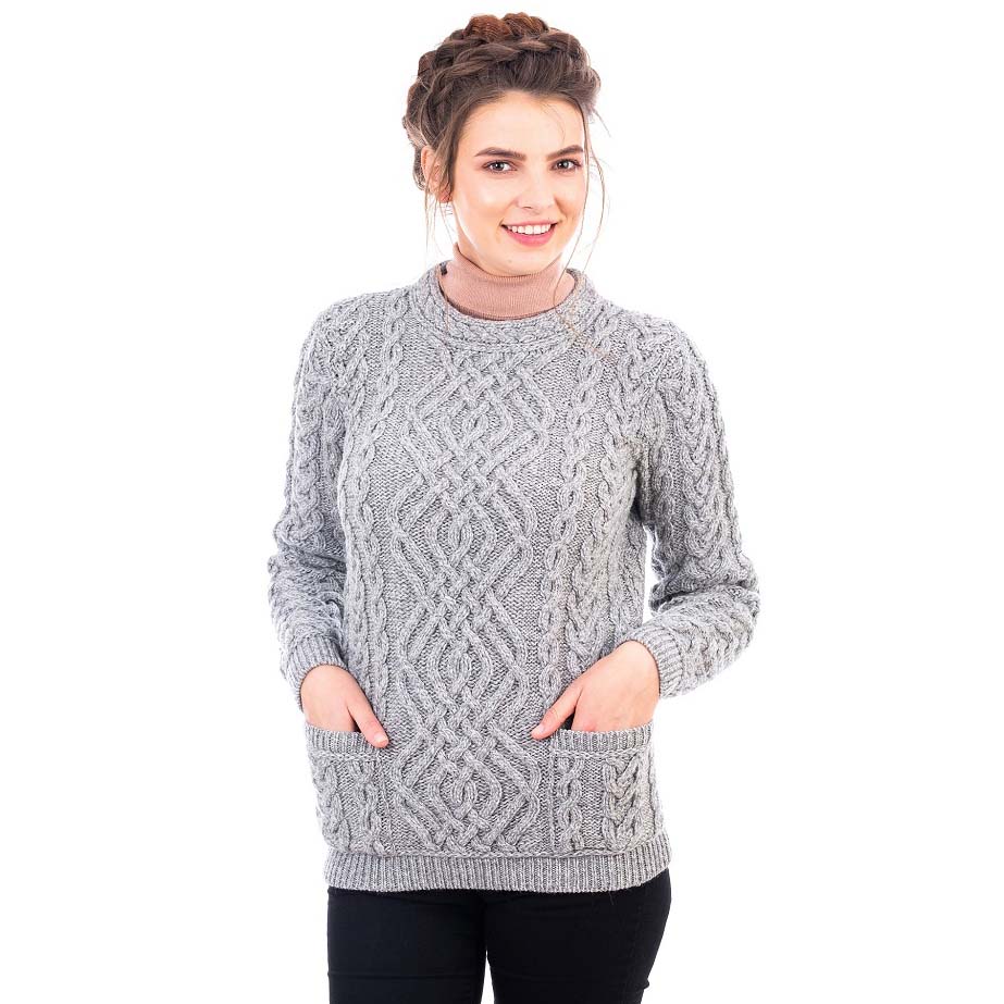 Product image for Irish Sweater | Aran Cable Knit Merino Wool Crew Ladies Sweater