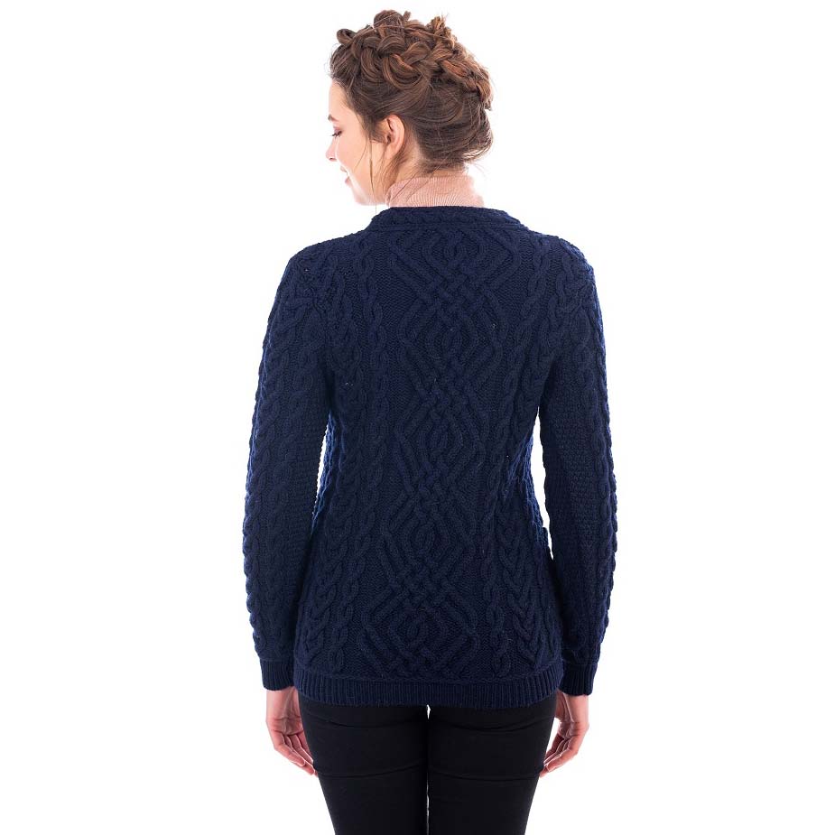 Irish Aran Fisherman Side Button Sweater Ladies, 100% Premium Heavyweight Merino Wool Cable Knit Jumper - Crew Neck - 3 Buttons Closure