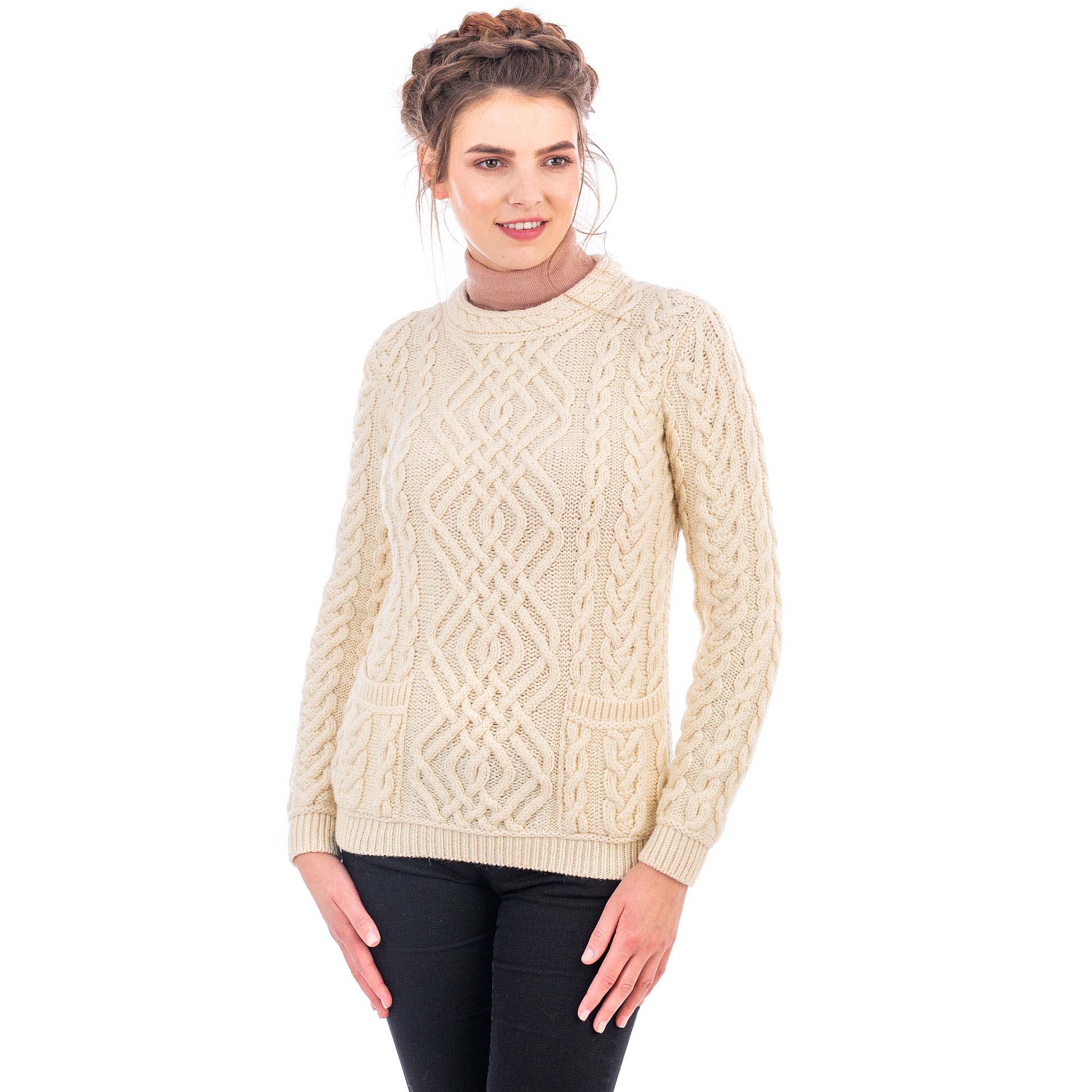 Product image for Irish Sweater | Aran Cable Knit Merino Wool Crew Ladies Sweater