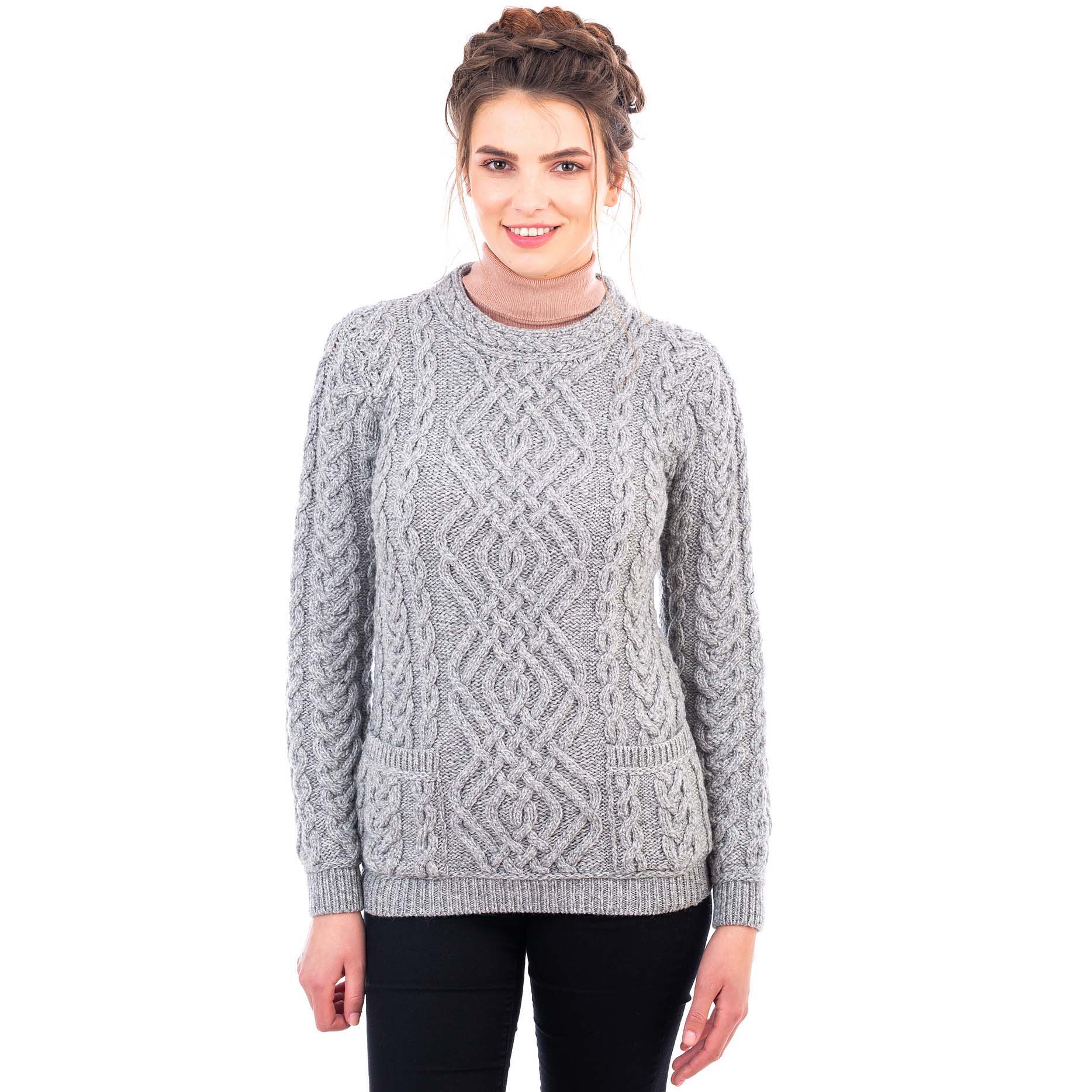 Irish Sweater Aran Cable Knit Merino Wool Crew Ladies Sweater at